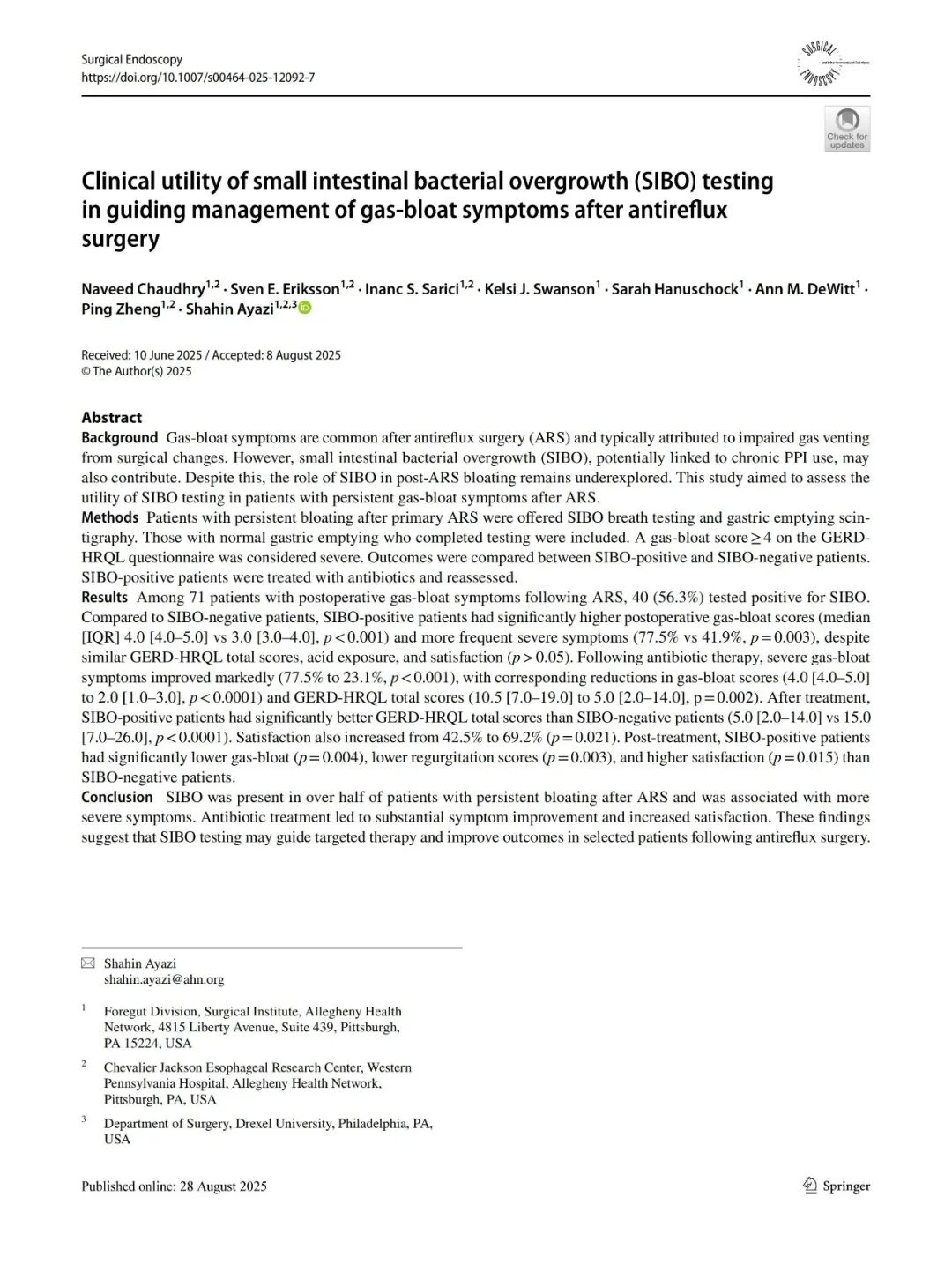 学术前沿丨抗反流术后腹胀症状的管理：小肠细菌过度生长检测的临床指导价值