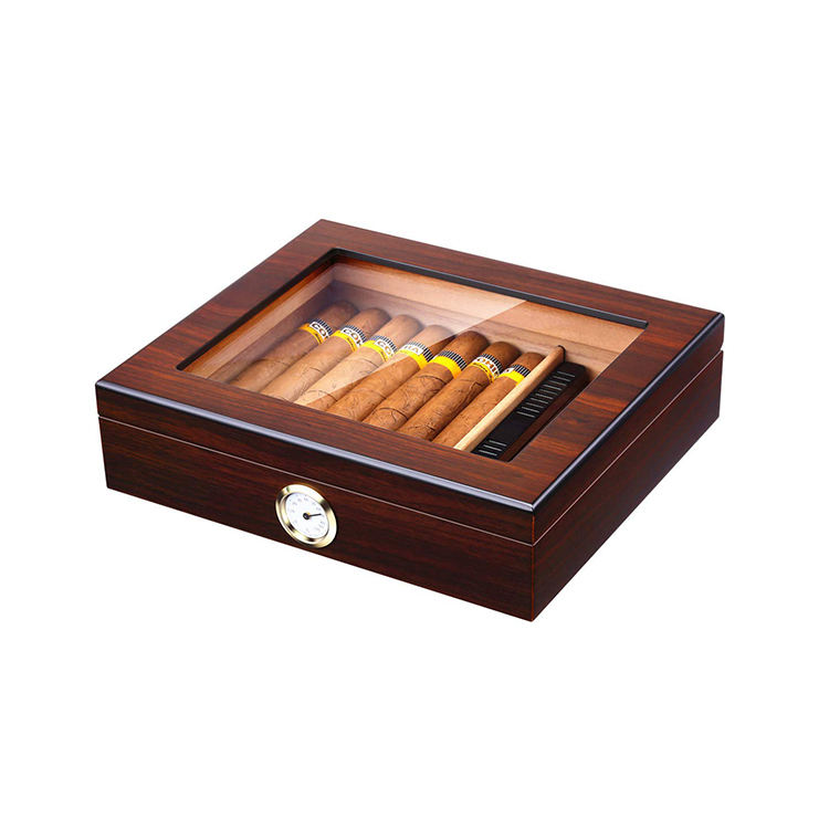 Desktop Glass Top Cedar Wood Cigar Humidor with Humidifier Hygrometer