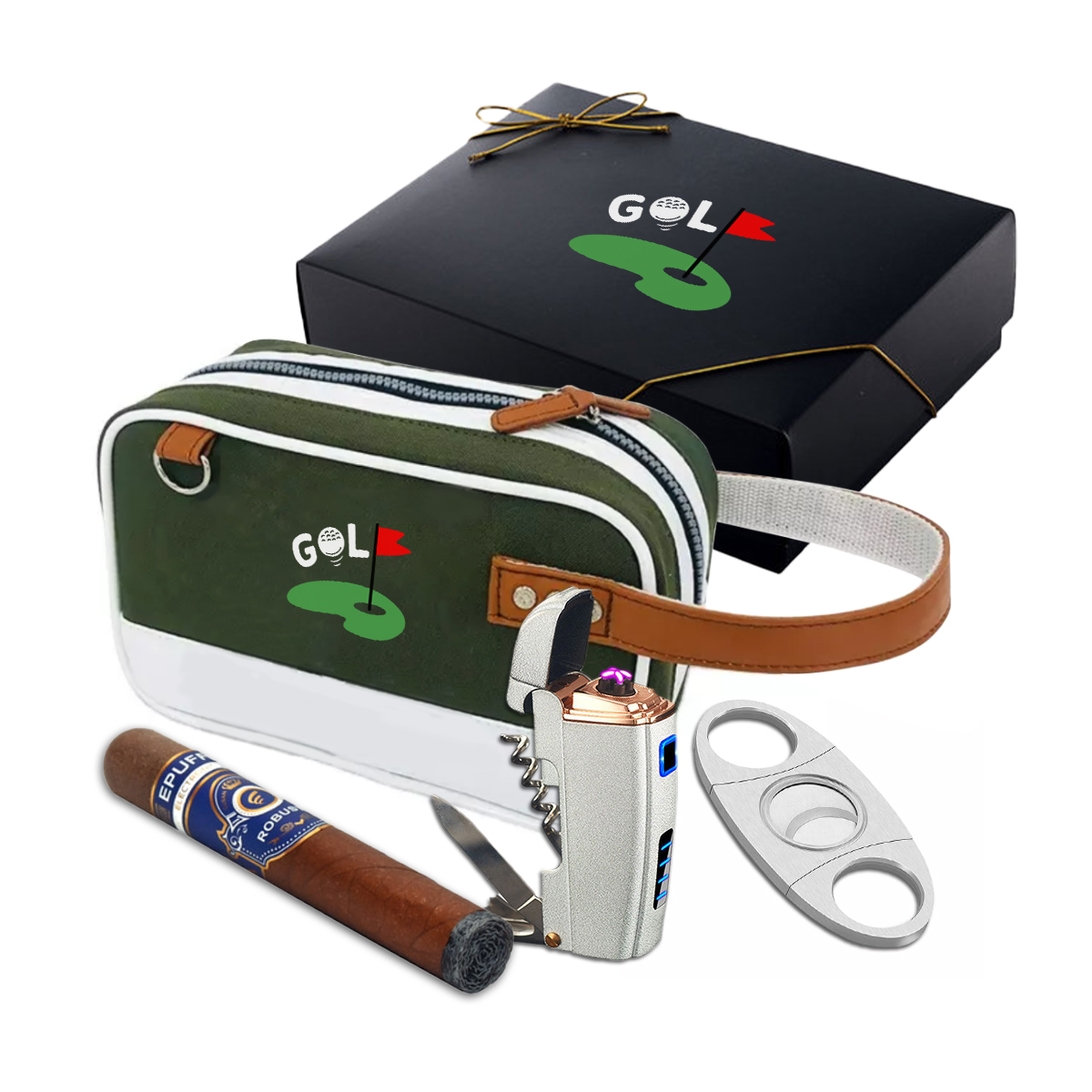 Nylon Leather Handbag Golf Cigar Bag Set with Lighter Cigar Cutter Knife Accessories Kit