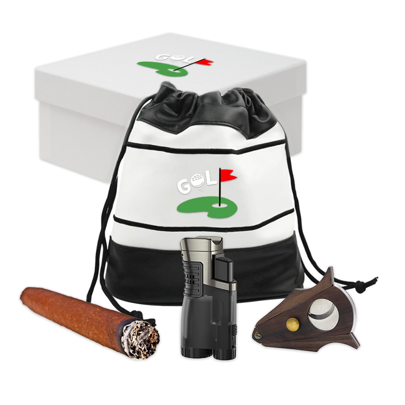 PU Leather Golf Cigar Storage Sack Bag Set with Lighter Cigar Cutter Knife Kit