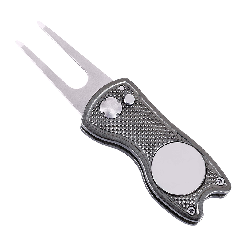Metal Foldable Golf Divot Repair Tool with Pop-up Button & Magnetic Ball Marker