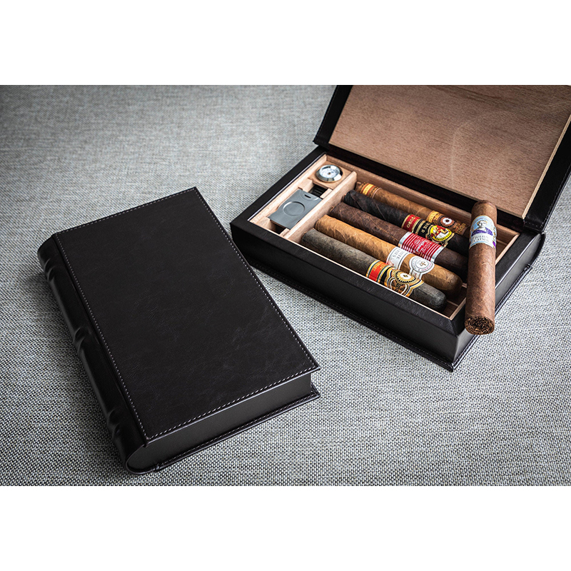 Leather Book Travel Humidor with Cutter Humidifier & Hygrometer