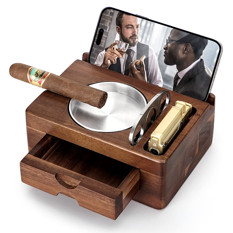 Wooden Cigar Ashtrays with Cigar Cutter Phone Tablet Holder Cigar Holder Accessories Drawer Lighter Slot