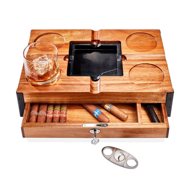 Deluxe Cigar Chest Humidor Box Case with Ashtray Detachable Whiskey Coaster Top