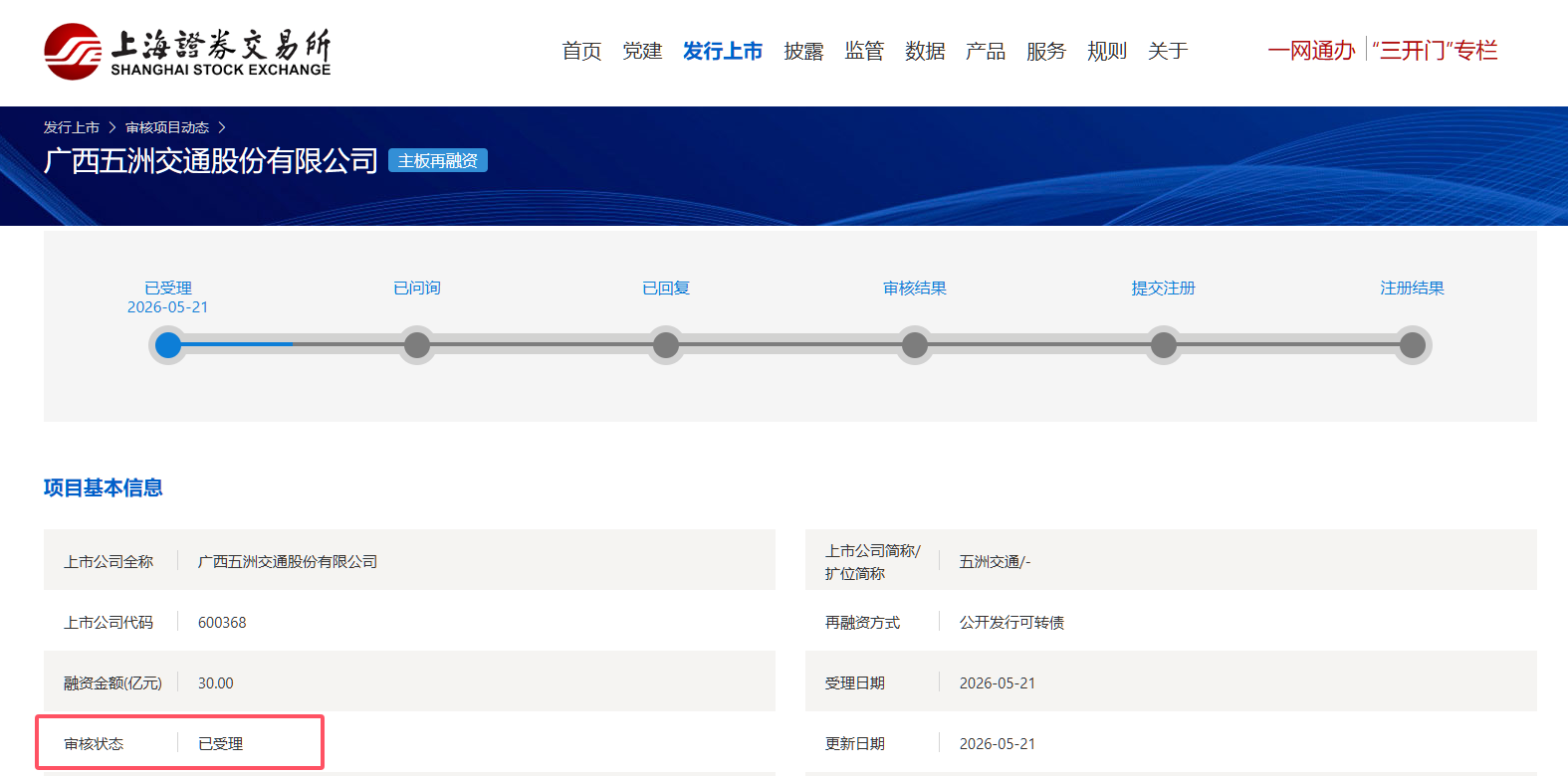 五洲交通30亿元可转债发行申请获上交所受理