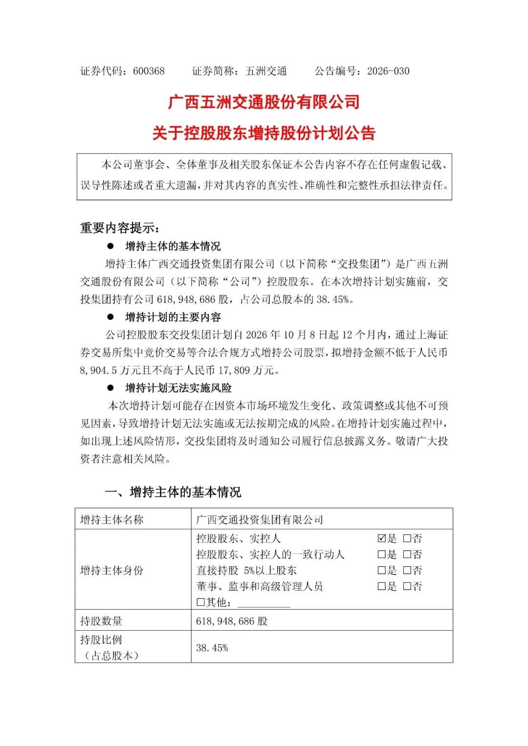 连续两年增持！五洲交通控股股东拟最高增持1.78亿元