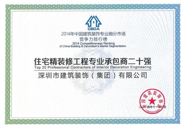 住宅精裝修工程專(zhuān)業(yè)承包商二十強(qiáng)