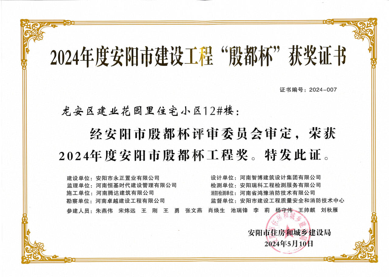 2024年度安阳市建设工程“殷都杯”获奖证书