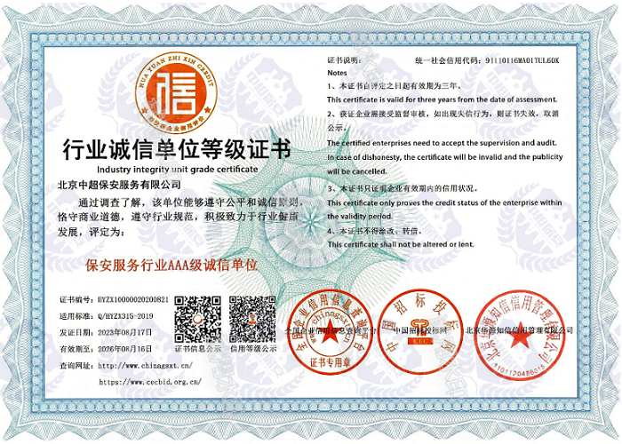 行业诚信单位等级证书