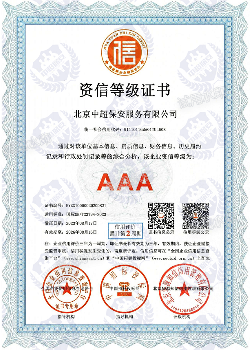 AAA资信等级证书