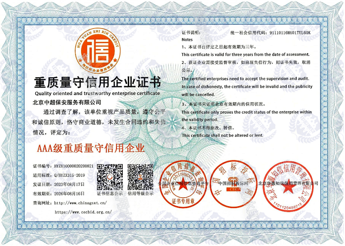 重质量守信用企业证书