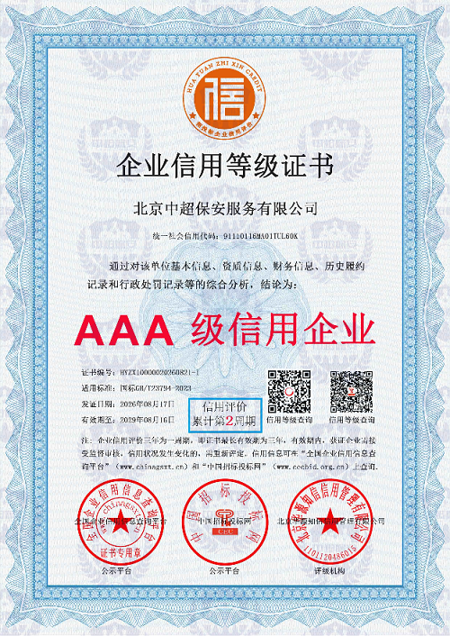AAA企业信用等级证书
