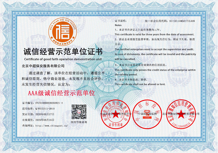 诚信经营示范单位证书