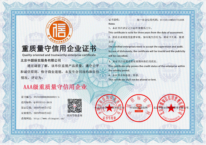 重质量守信用企业证书