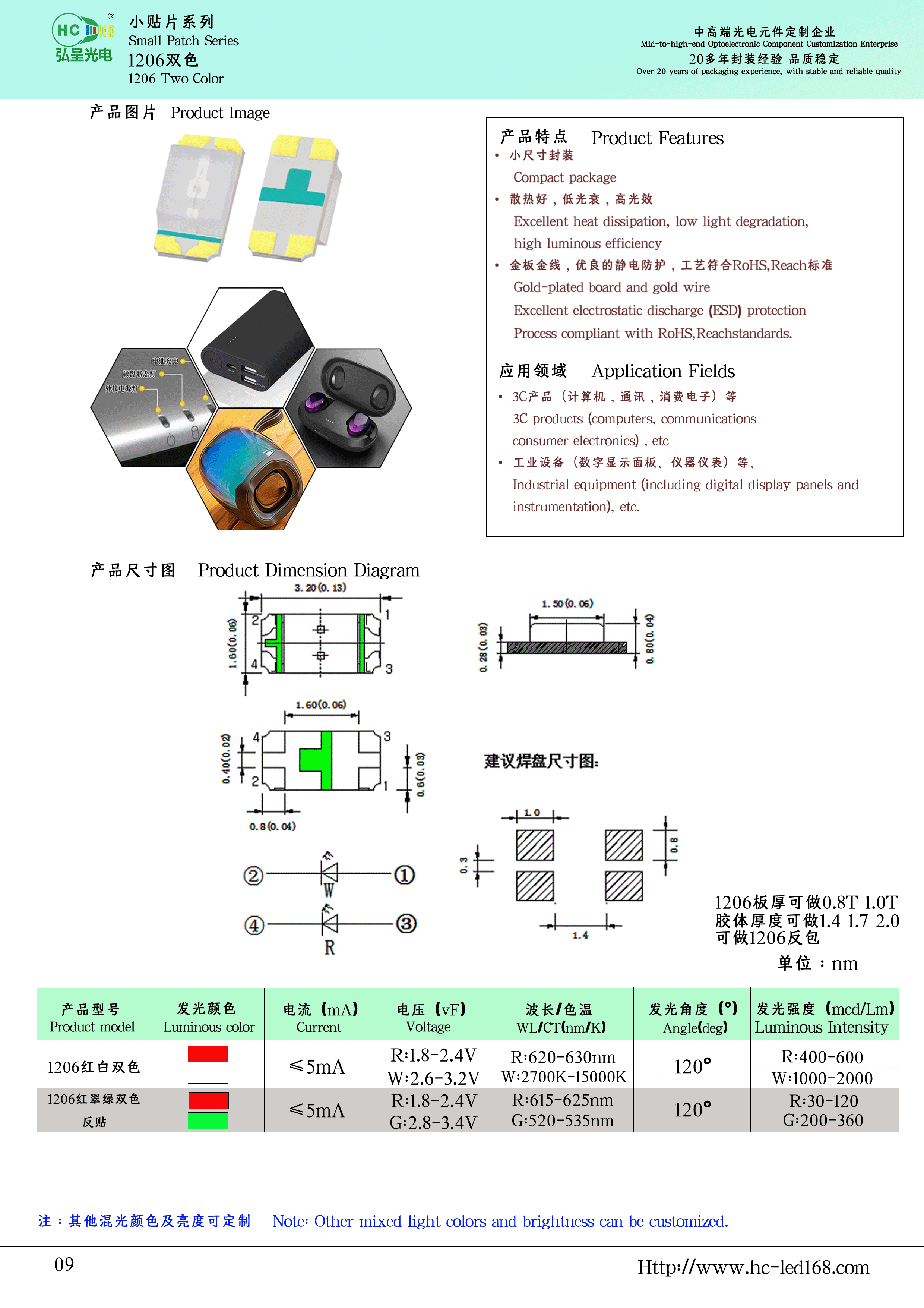 1206双色贴片LED灯珠 - 弘呈光电