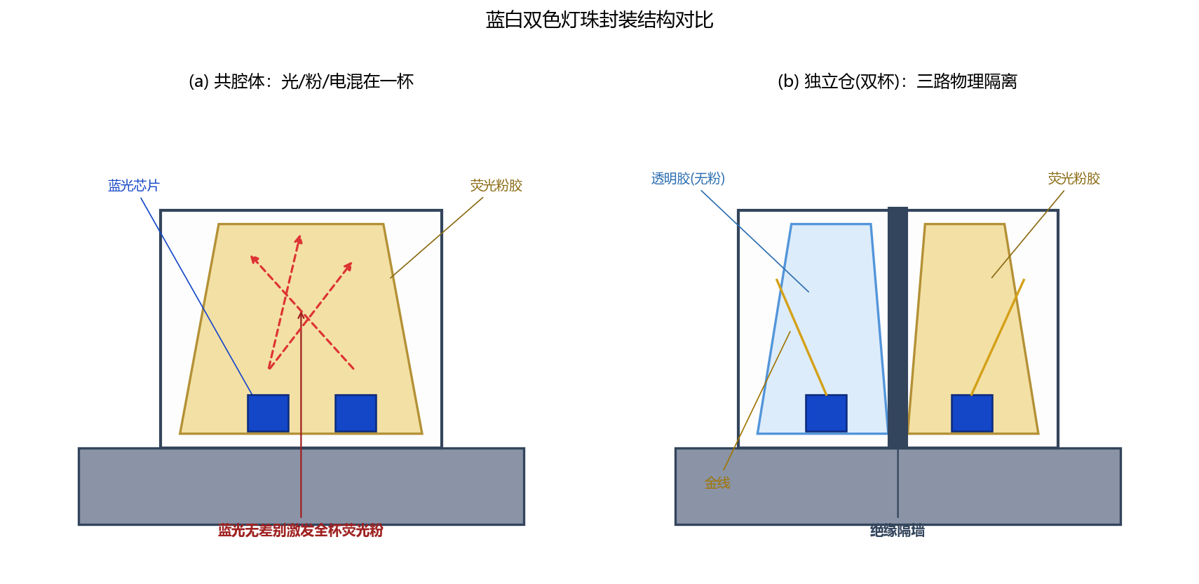 蓝白双色灯珠封装结构对比:共腔体 vs 独立仓双杯支架