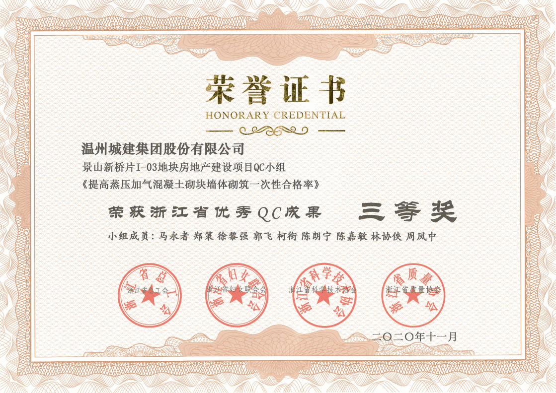 2020年度 景山新橋片I-03地塊房地產(chǎn)建設(shè)項目QC小組（浙江省優(yōu)秀QC成果三等獎）