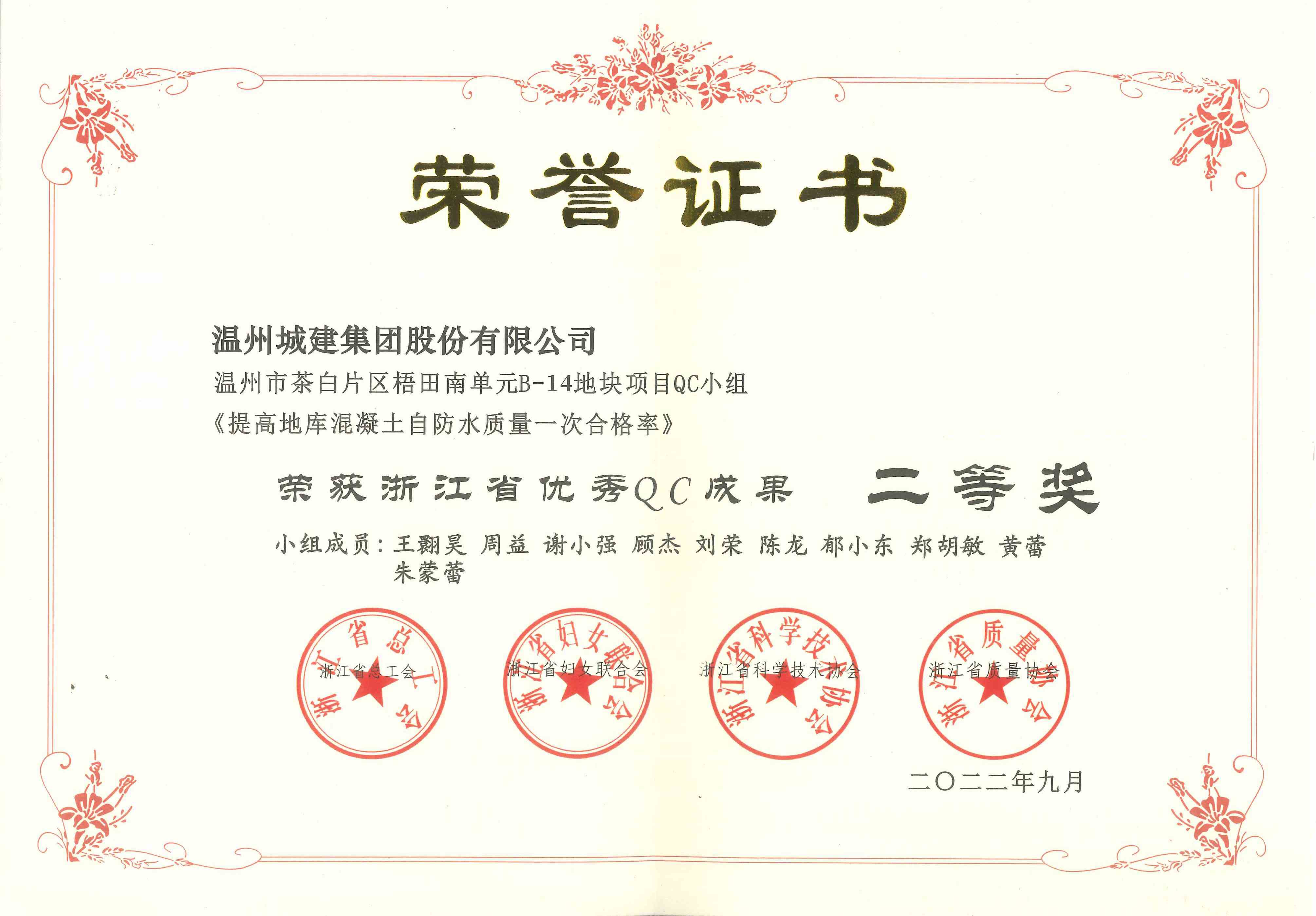 2022年度 溫州市茶白片區(qū)梧田南單元B-14地塊項(xiàng)目QC小組（浙江省優(yōu)秀QC成果二等獎）