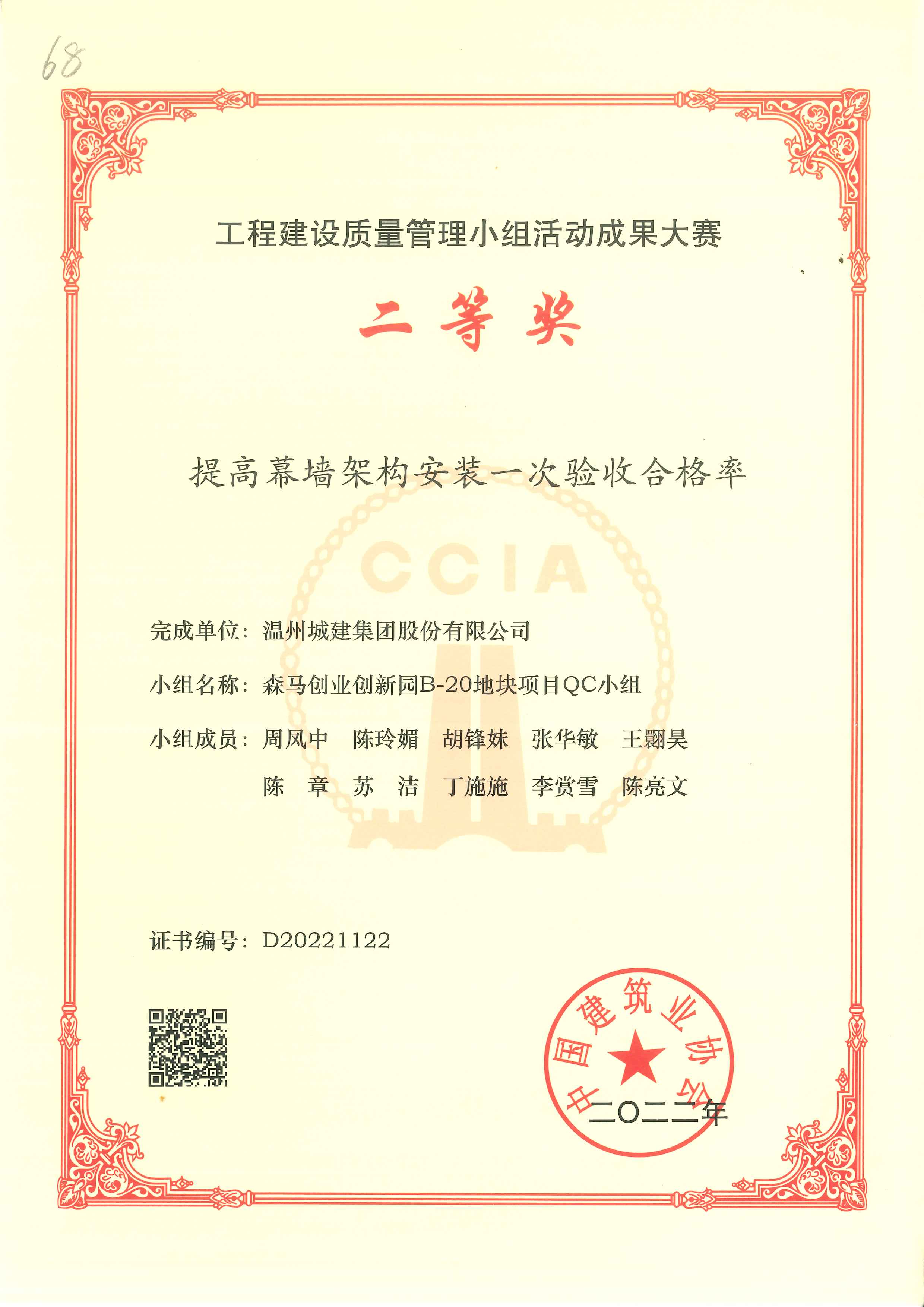 2022年度 （工程建設(shè)優(yōu)秀質(zhì)量管理小組大賽二等獎）