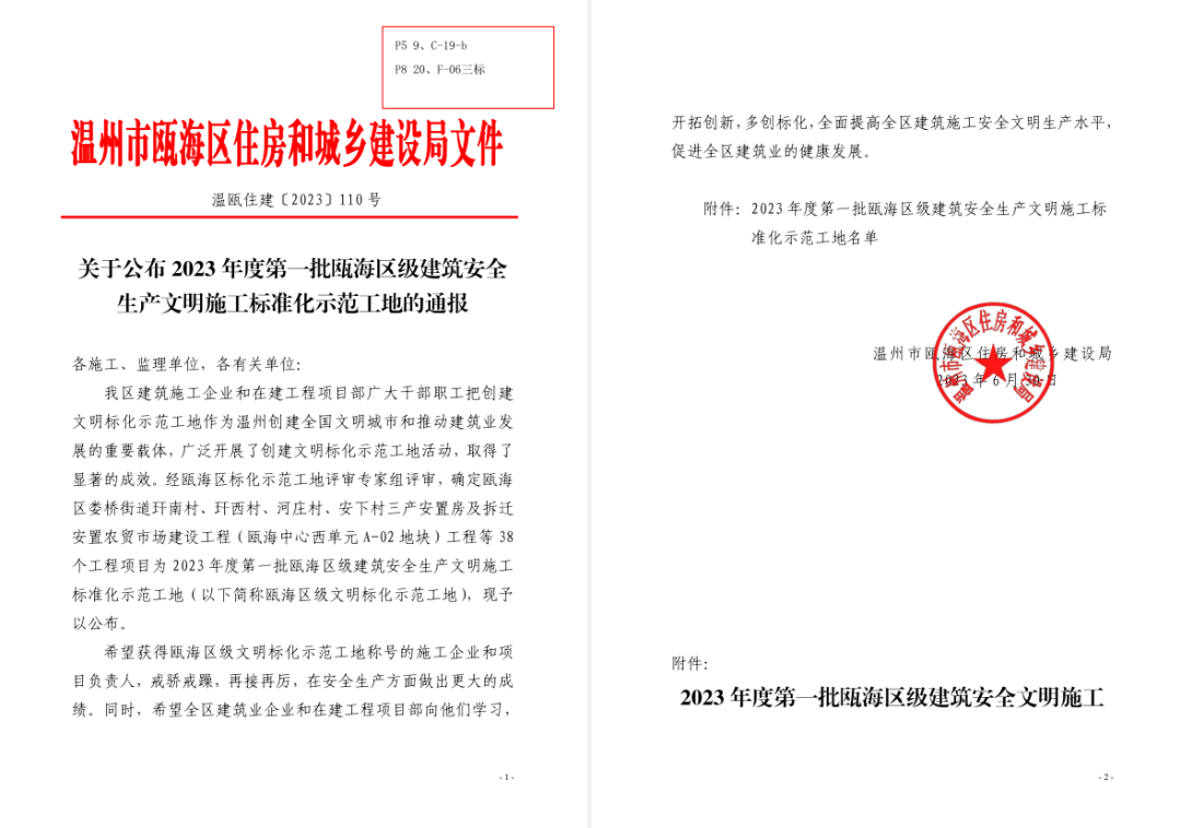 【喜報】溫州城建集團兩個工程項目榮獲2023年度第一批甌海區(qū)級建筑安全生產(chǎn)文明施工標準化示范工地