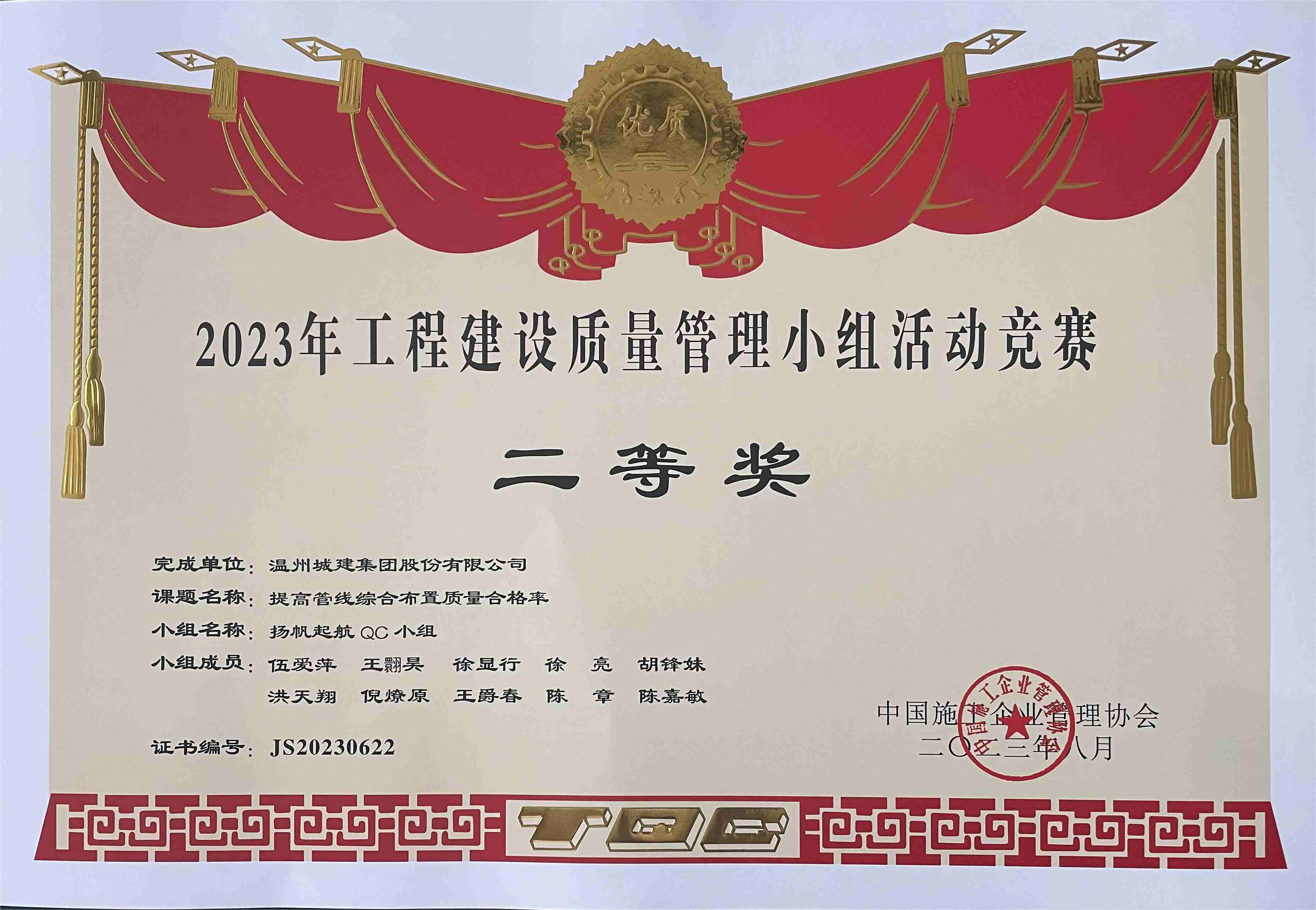 【喜報】溫州城建集團QC小組在中施企協(xié)2023年工程建設質量管理競賽中獲獎