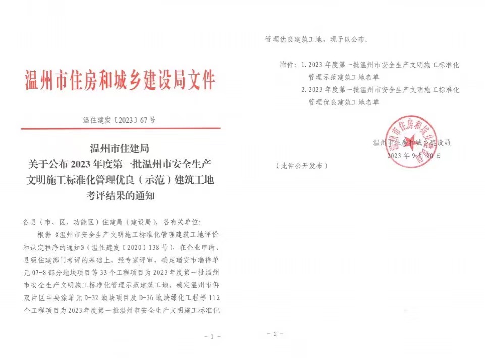 【喜報(bào)】溫州城建集團(tuán)兩個(gè)項(xiàng)目獲評(píng)2023 年度第一批溫州市安全生產(chǎn)文明施工標(biāo)準(zhǔn)化管理優(yōu)良(示范)建筑工地
