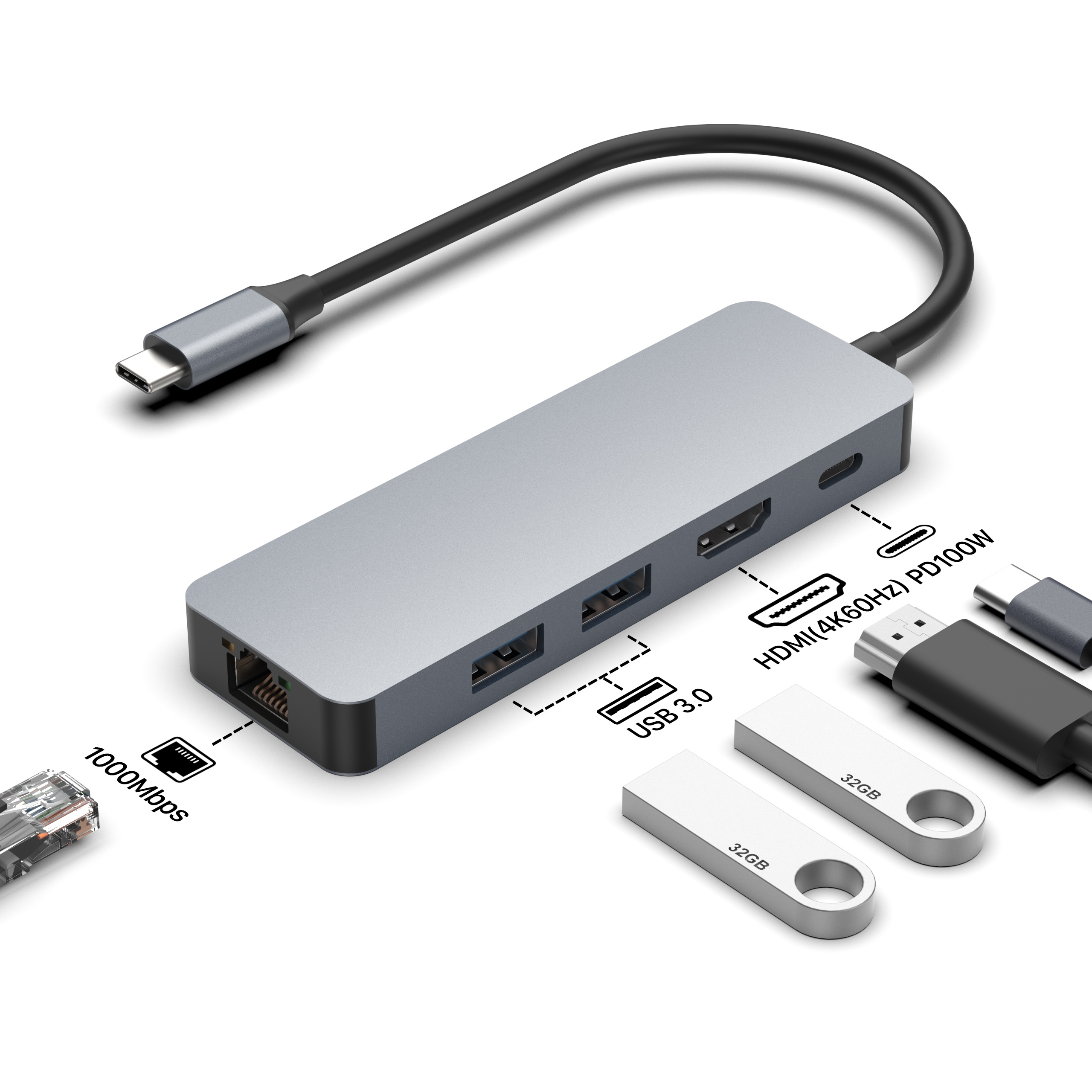 TYPE-C转2*USB3.0+HDMI60HZ+千兆网卡+PD五合一扩展坞(D001)