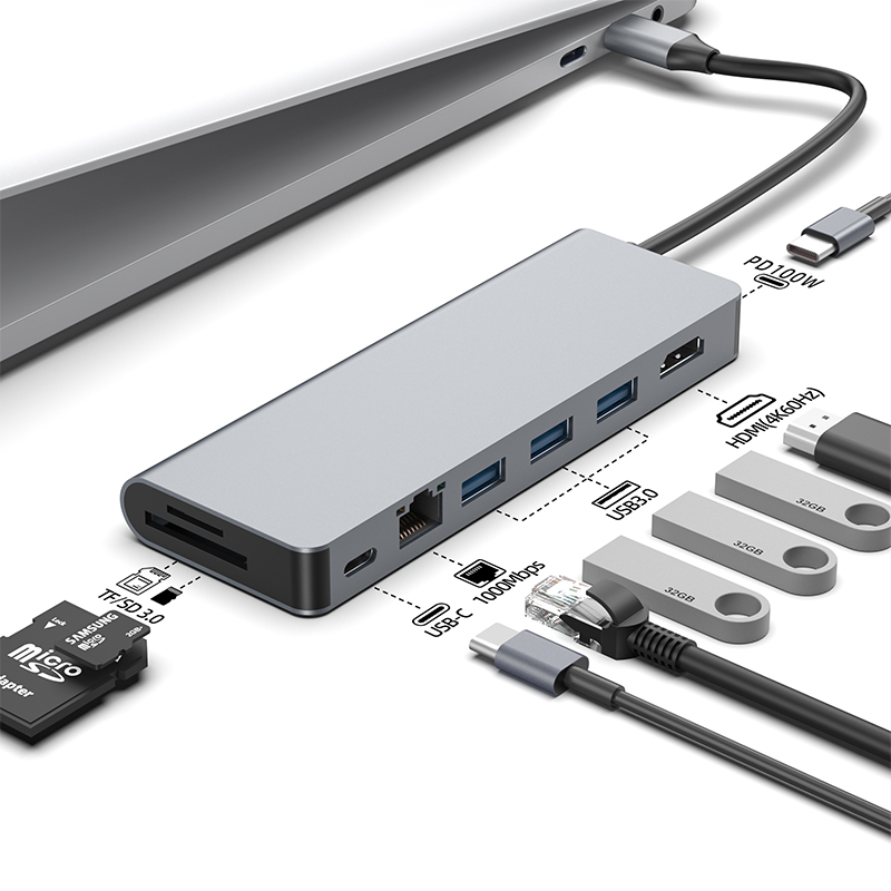 TYPE-C转3*USB3.0+1*USB-C3.0+HDMI60HZ+SD/TF+千兆网卡+PD3.0九合一扩展坞（D003）