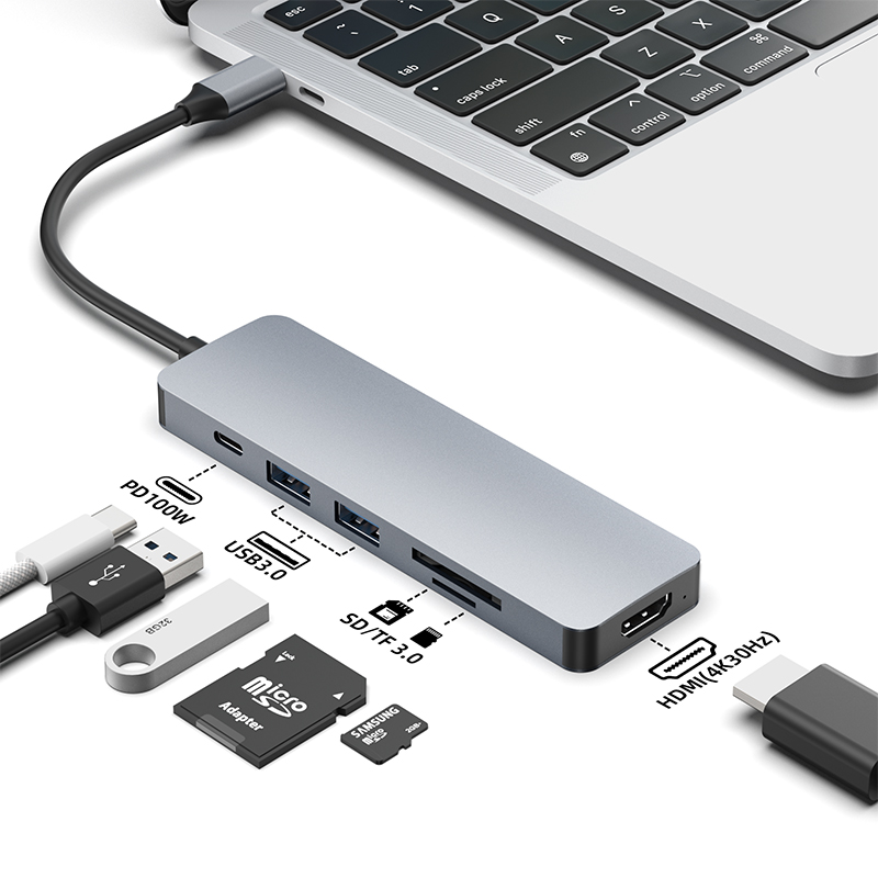 TYPE-C转2*USB3.0+HDMI+SD+TF+PD六合一扩展坞(D002)