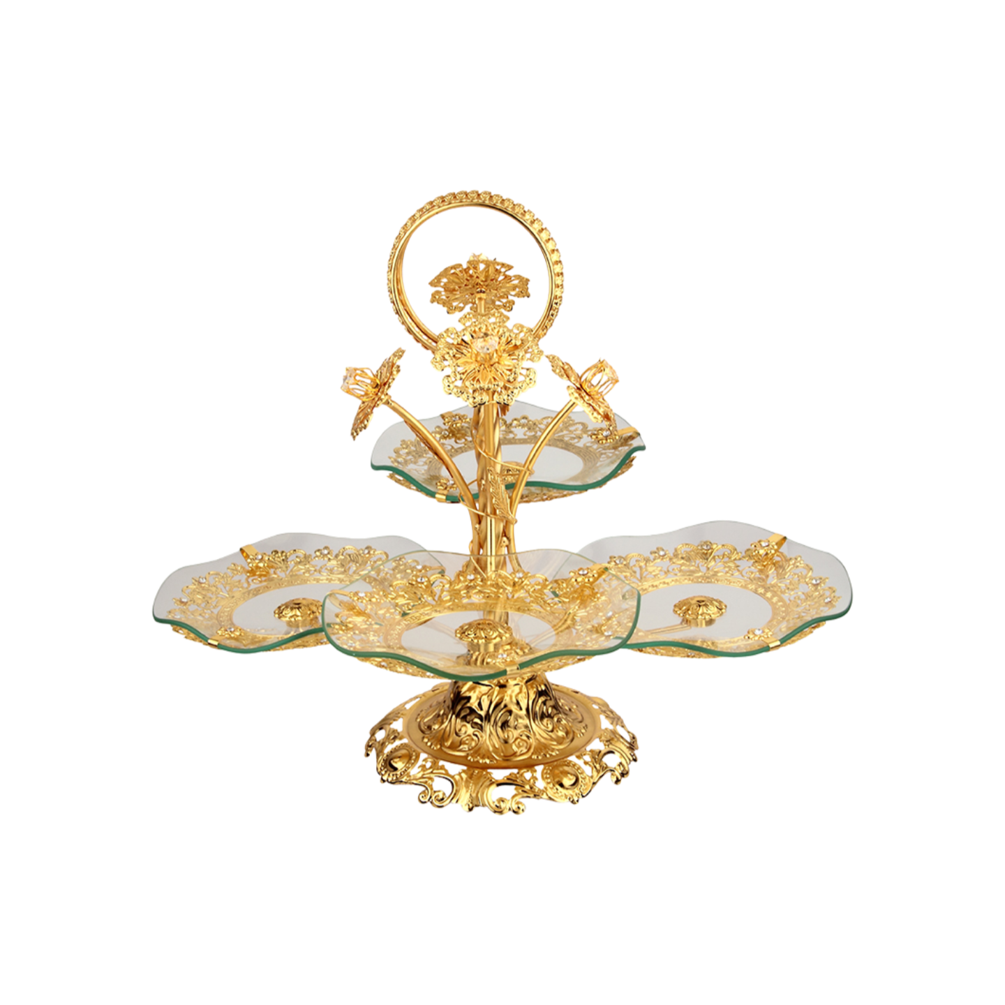 镀金，钢化玻璃，多层果盘HX-S-0007-01