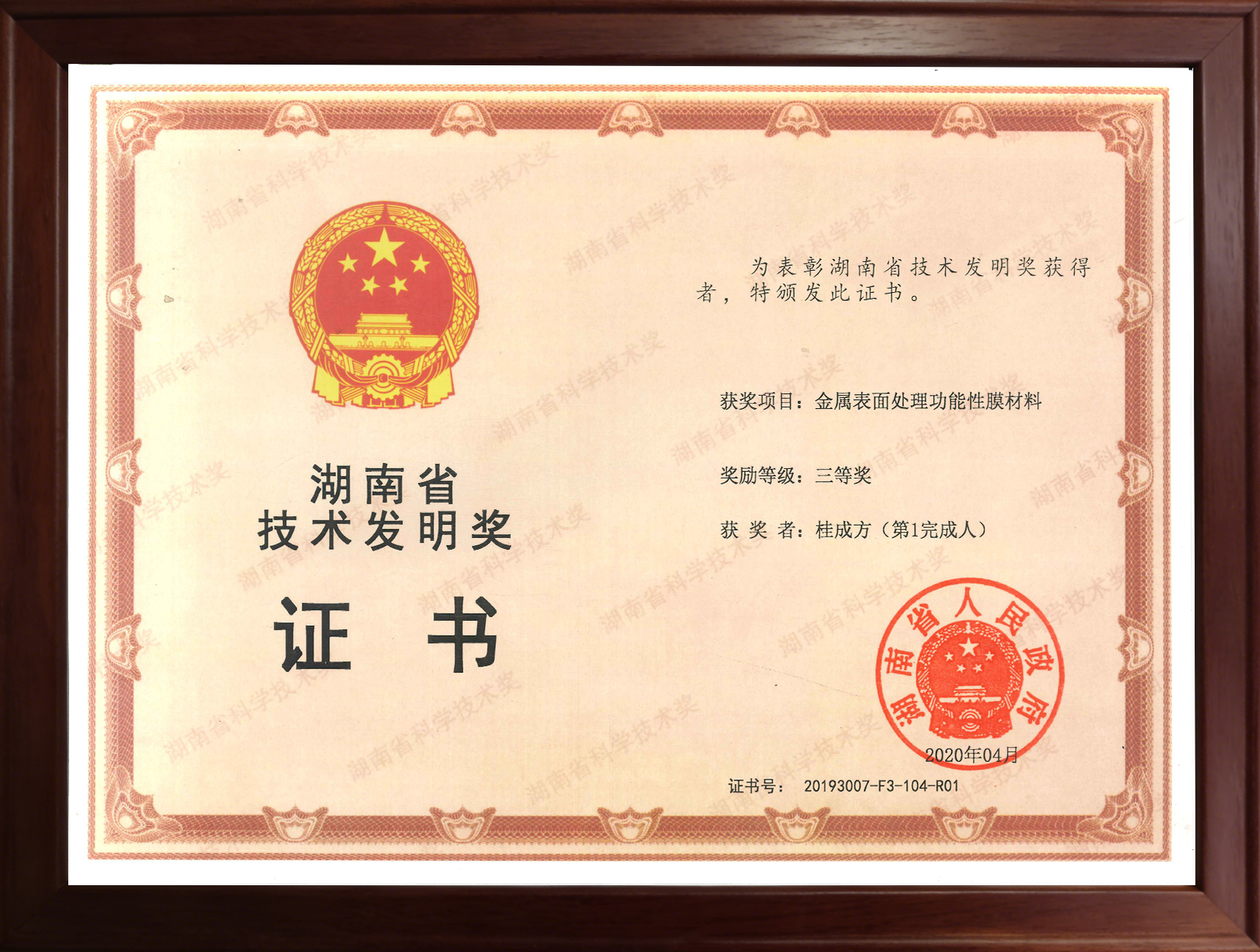 湖南省技术发明奖