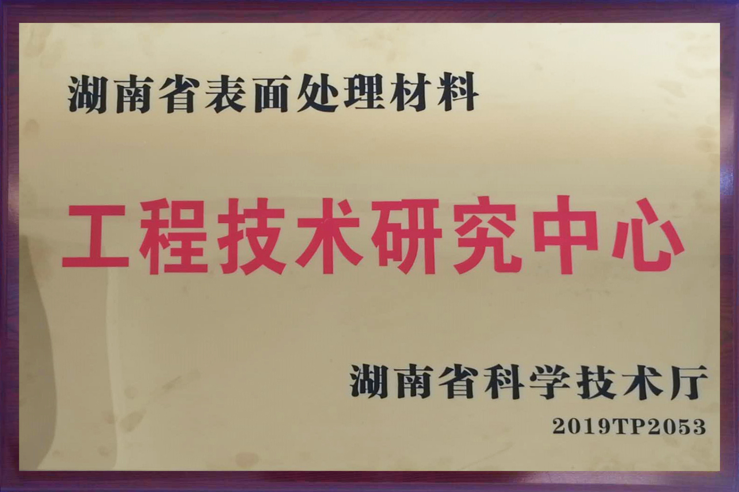2019年荣获湖南省表面处理材料工程技术中心