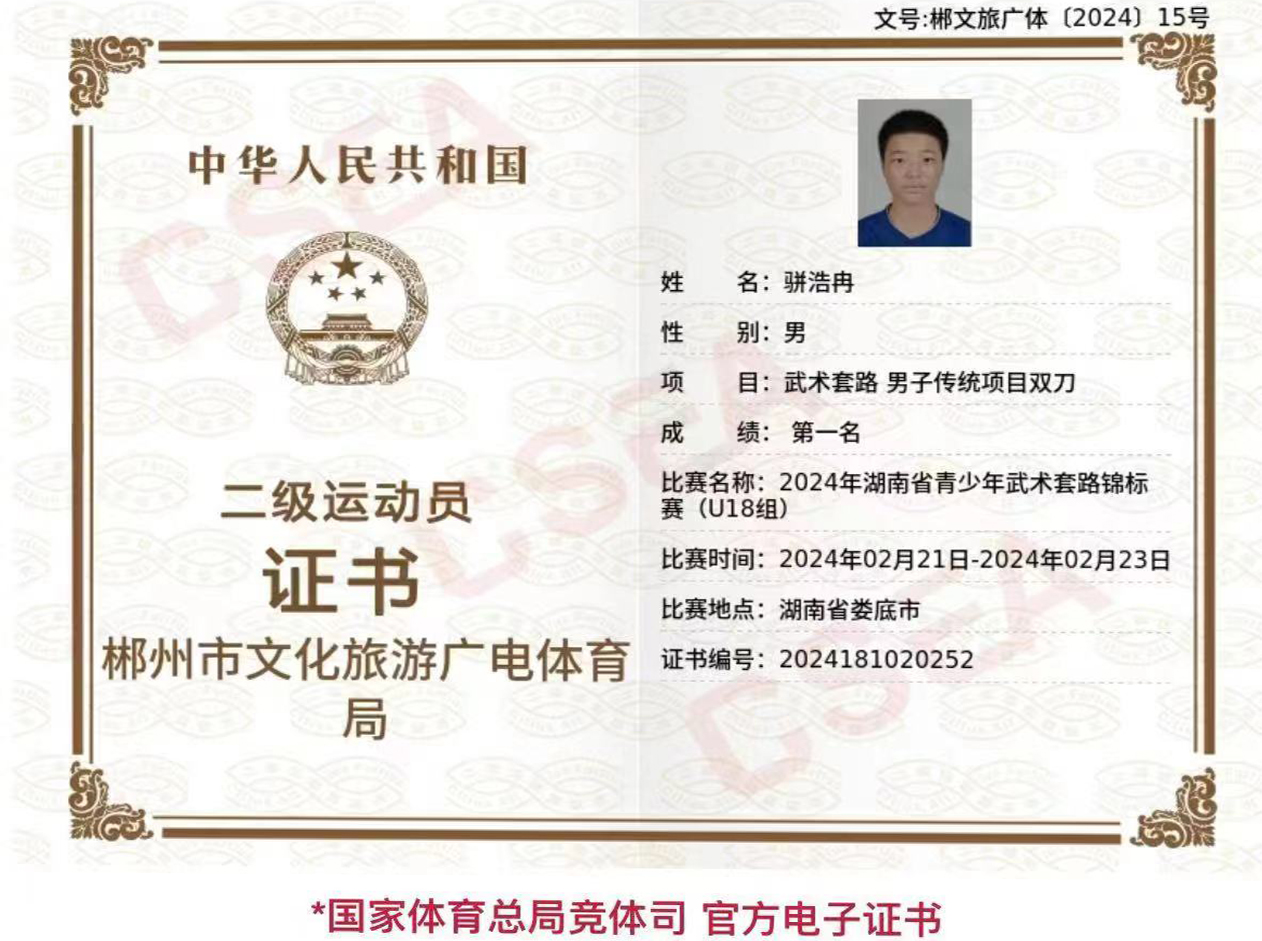 二级运动员证书