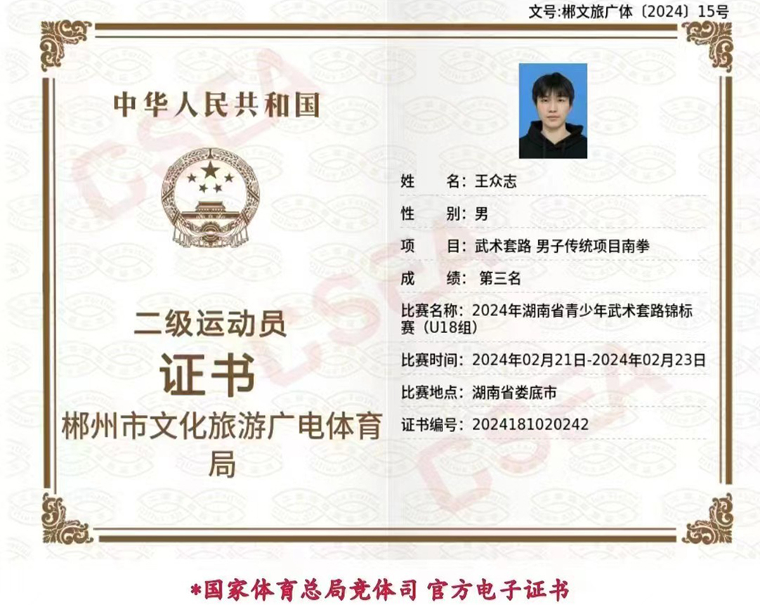 二级运动员证书