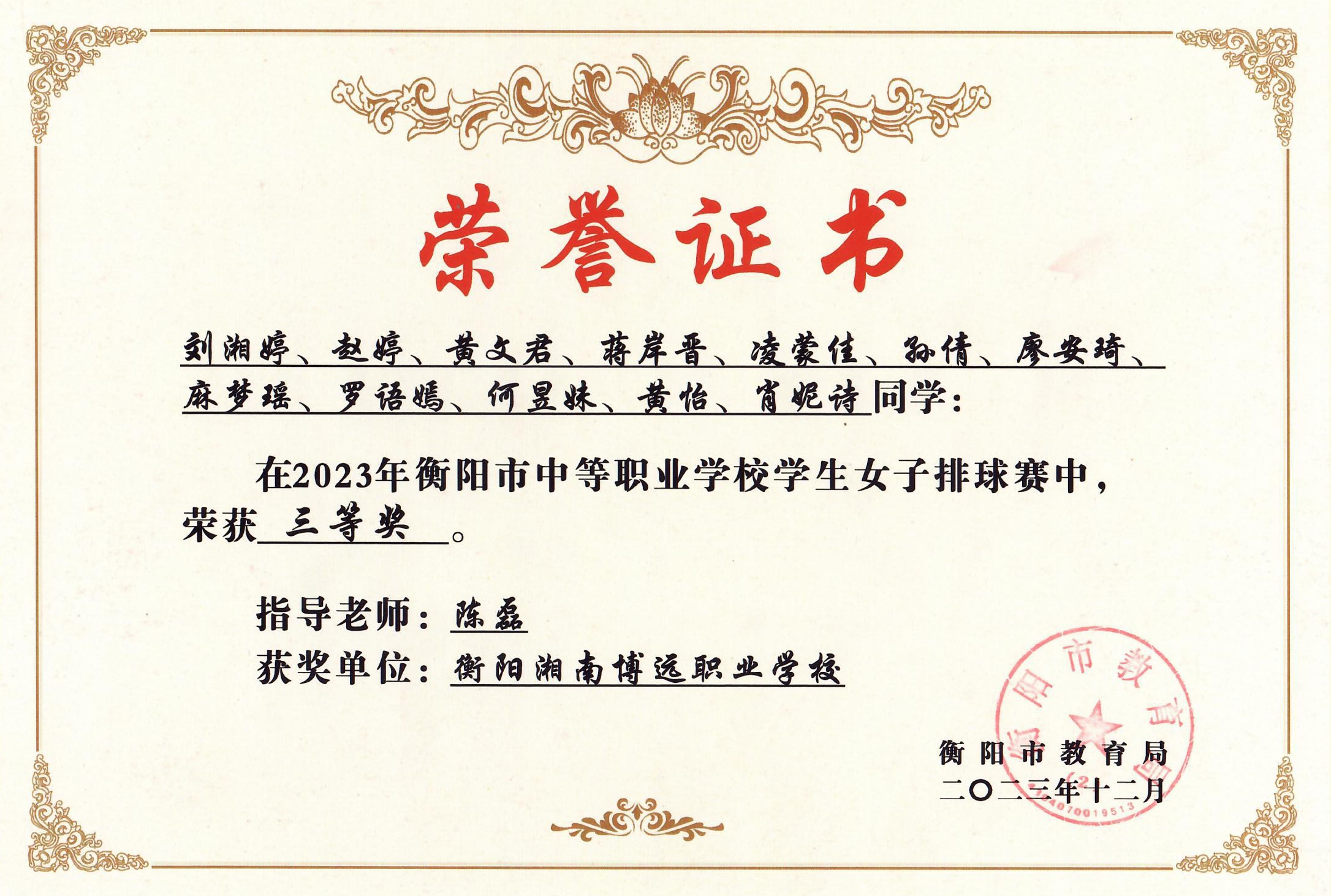 女子排球比赛荣获市级二等奖