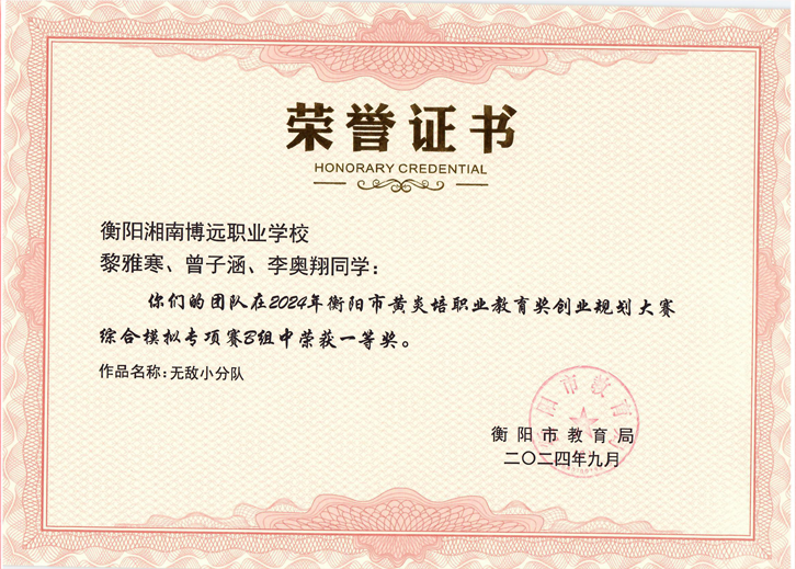 衡阳市黄炎培职业教育奖创业规划大赛综合模拟专项赛B组中荣获一等奖