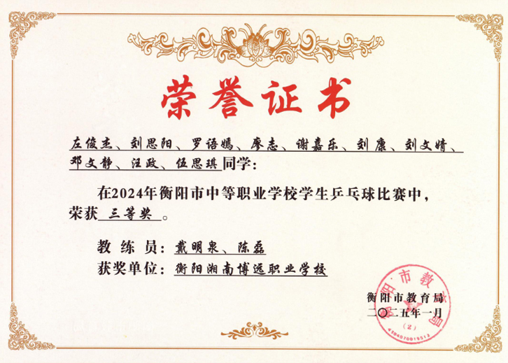 乒乓球比赛荣获市级二等奖