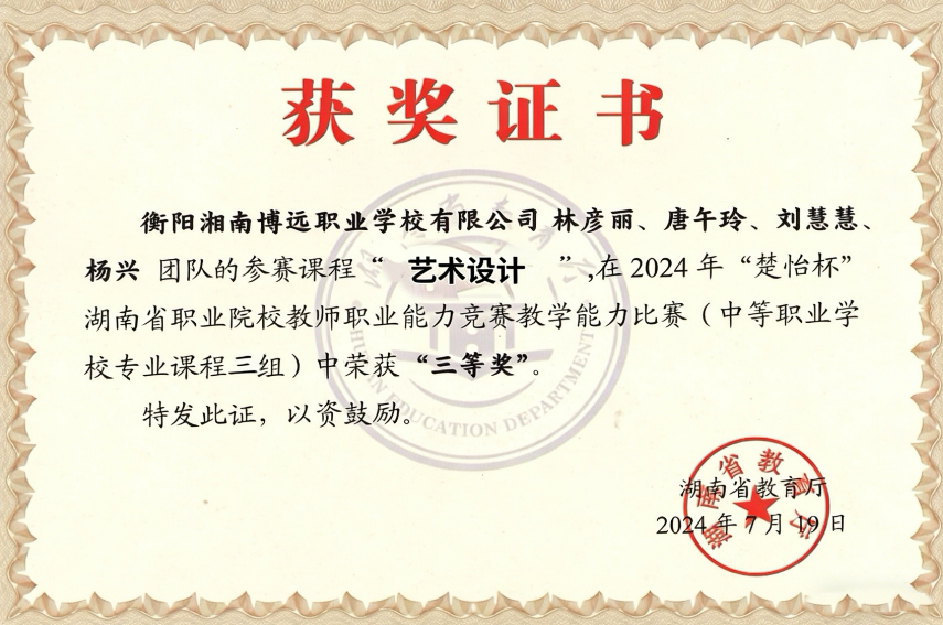 湖南省职业院校教师能力竞赛中荣获省三等奖(艺术设计) 林彦利、唐午玲、刘慧慧、杨兴老师老师在“楚怡杯”