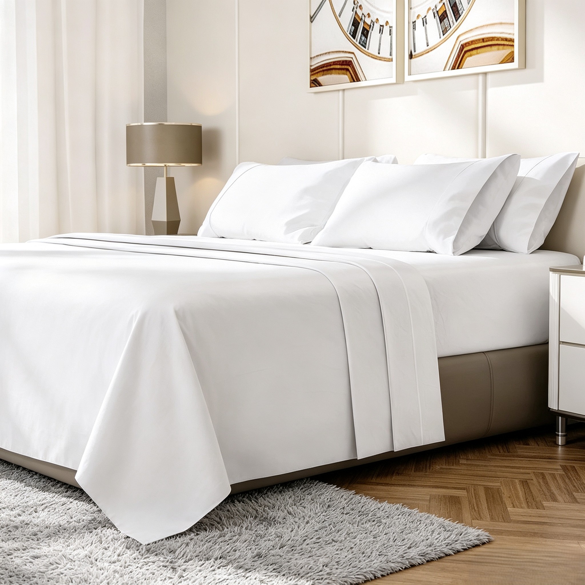 Luxury Long Staple Cotton Hotel Bedding Four Piece Set, Solid White Commercial Linen