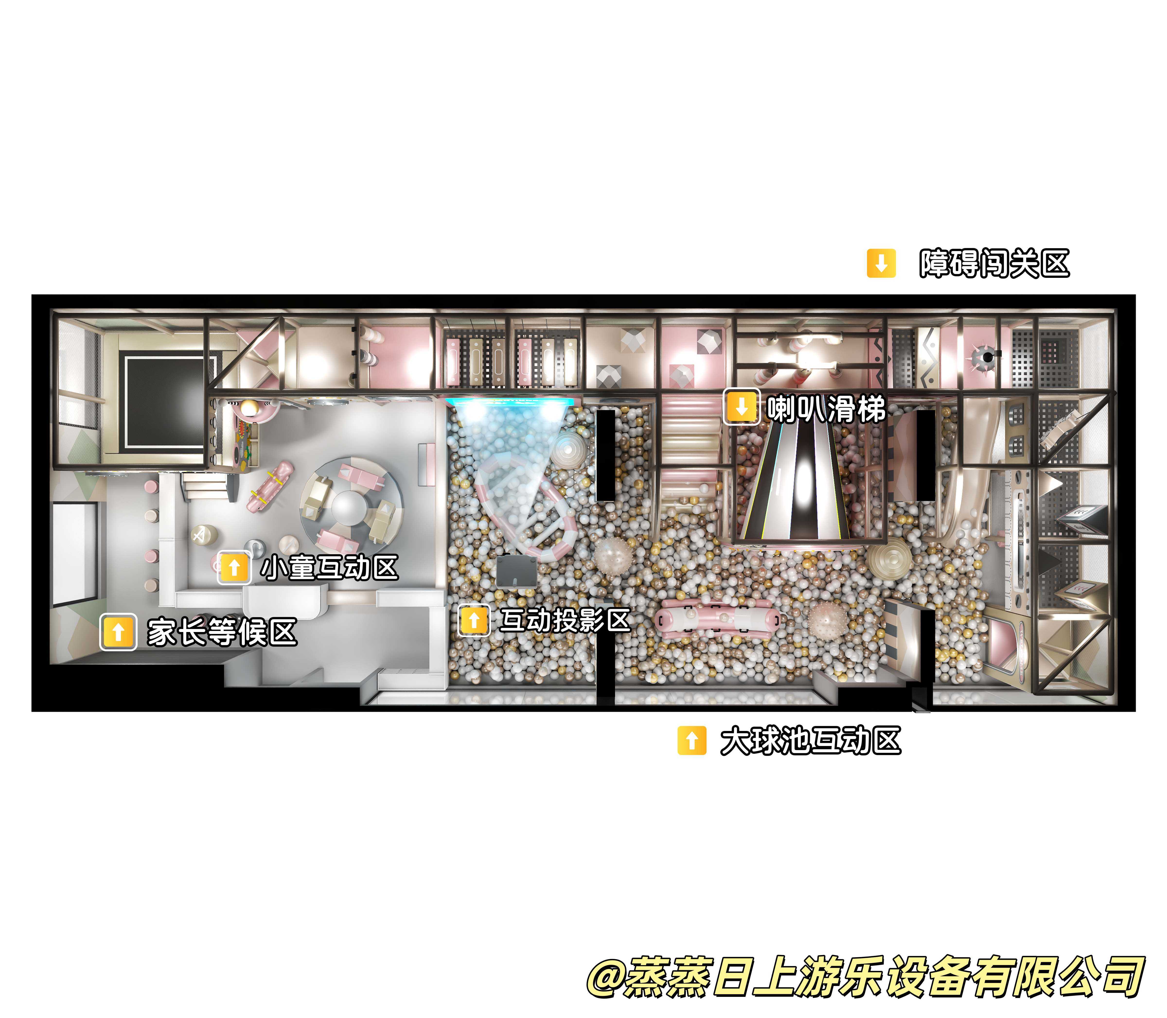 商用淘气堡功能分区平面图,展示家长等候区、低龄互动区、球池、滑梯、互动投影和障碍闯关区域。