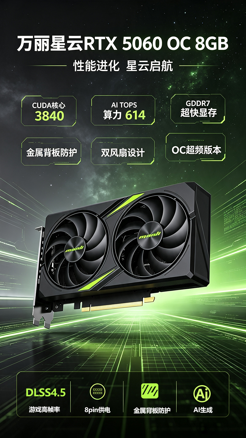 万丽星云 RTX 5060 OC 8GB双风扇版解析