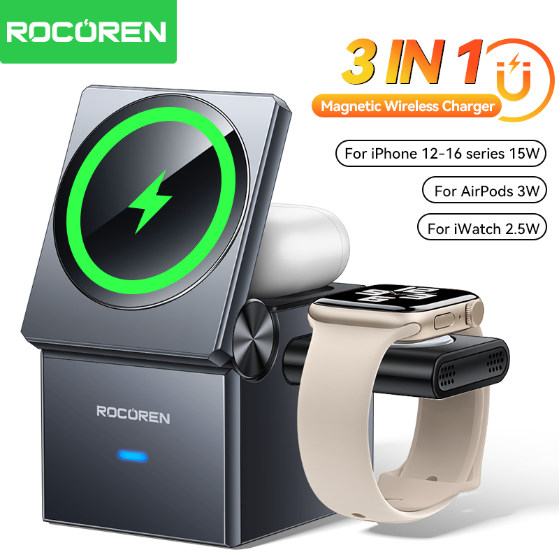 Rocoren  Desktop Vertical Folding 3-in-1 Magnetic Wireless Charger Space Gray