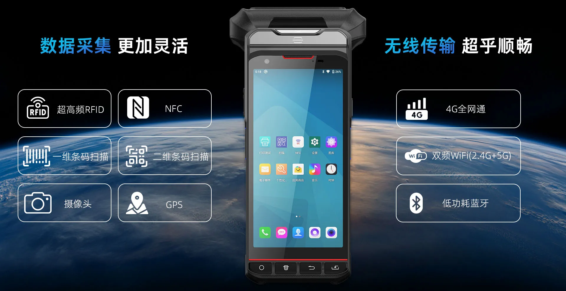 采用自主研发的超高频模块，完美兼容设备，提供卓越扫描性能 圆极化4dBi天线，灵活适用于各种电子标签，识别快速、精准高效 具备NFC读写功能，支持ISO14443A/B、ISO15693等协议 适用于近距离通信和数据传输，安全、稳定、低功耗 同时支持高频数据采集，满足用户认证、电子支付等应用需求。支持4G全网通、双频WiFi（2.4G+5G）和低功耗蓝牙等无线传输 性能强大，连接迅速且稳定，突破地域限制。提高效率，操作便捷 让您在任何环境下都能享受高质量网络通信和极速数据传输