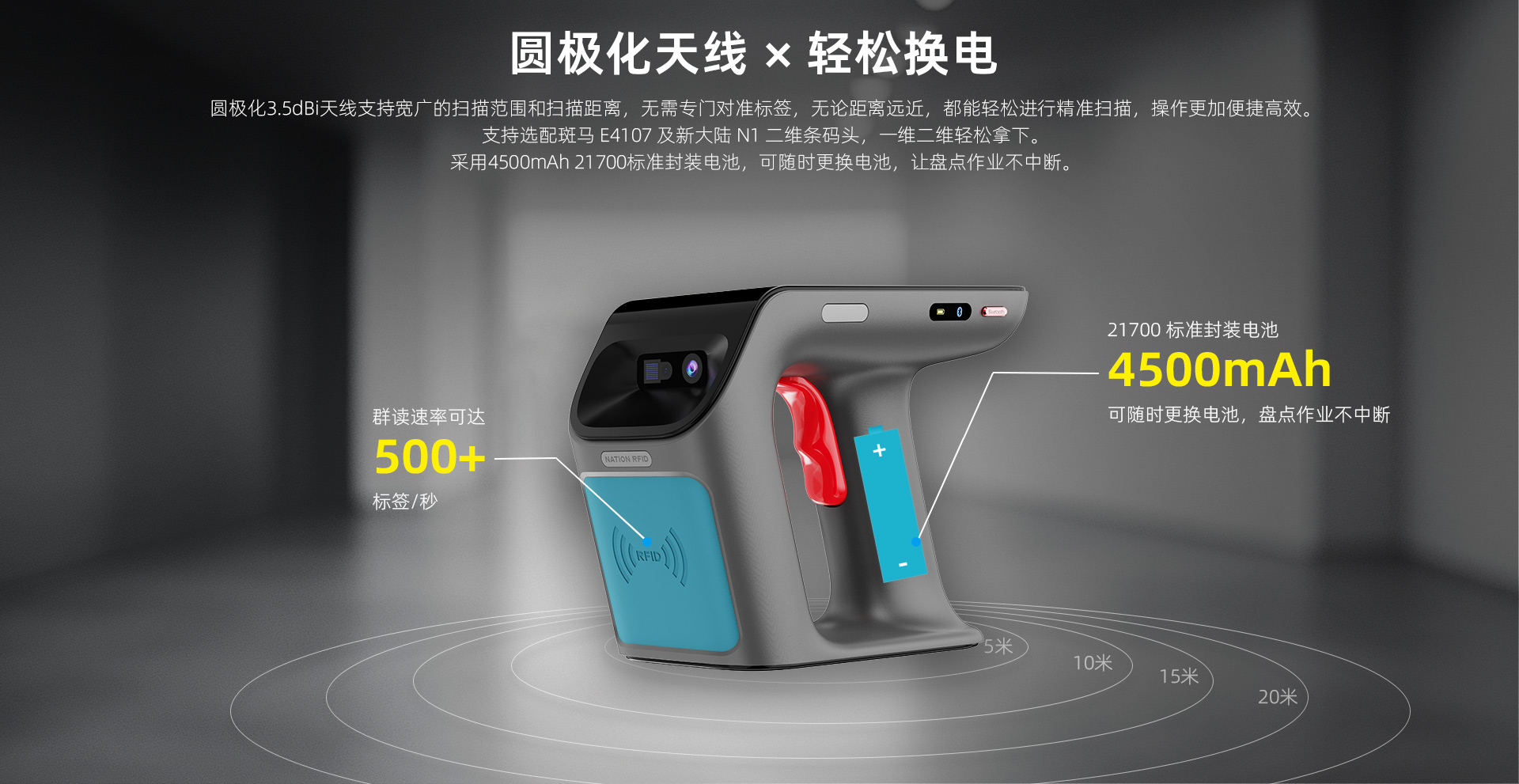 圆极化4dBi天线支持宽广的扫描范围和扫描距离，群读速率可达500+标签/秒，无需专门对准标签，无论距离远近，都能轻松进行精准扫描，操作更加便捷高效。多种扫描引擎提供强劲性能和快速识别，无论条码污损、老旧或显示屏上的条码，都能精准读取。 1300万像素自动对焦摄像头和补光灯，确保在各种光线条件下拍摄清晰高质量图像，提升工作效率。
