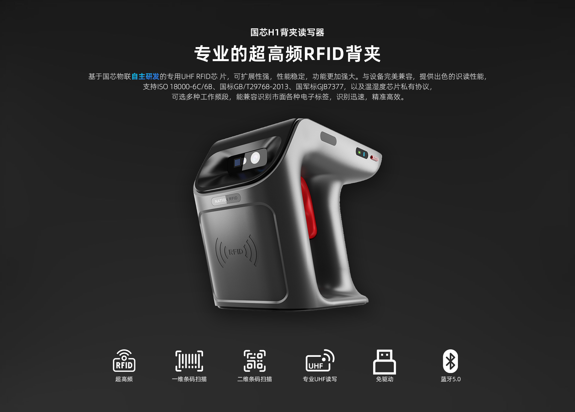 基于国芯物联自主研发的专用UHF RFID芯 片，可扩展性强，性能稳定，功能更加强大。与设备完美兼容，提供出色的识读性能， 支持 ISO`14443A/B、15693 协议，可选多种工作频段，能兼容识别市面各种电子标签，识别迅速，精准高效。 完全满足资产管理、服装盘点、车辆管理、高速收费、仓储管理、金融管理、连锁应用、制造自动化等领域的应用。