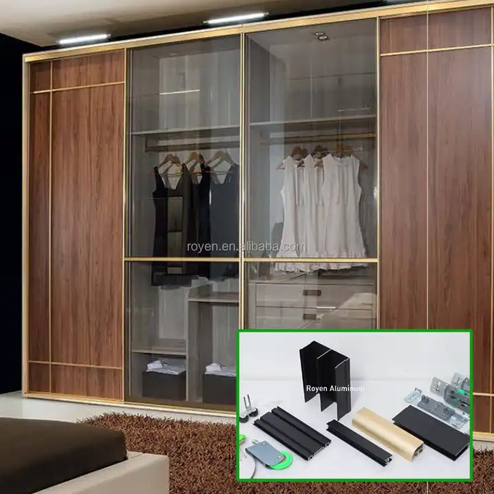 Soft-closing aluminum frame sliding wardrobe glass door profiles custom 6063 t5 aluminium profile