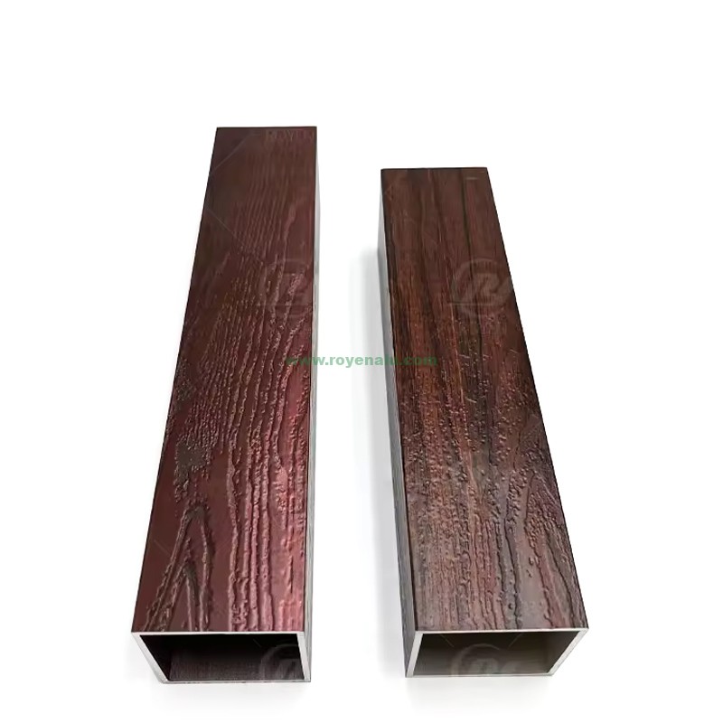 Royen 6063 Aluminum Burned Wood Grain Profiles 4D Square Tubes Pipes For Outdoor Decoration Window and Doors Materials