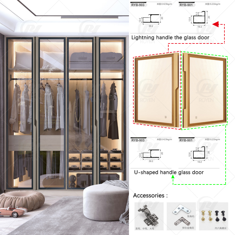 Luxury Glass Cabinet Wardrobe Aluminum Door Profiles Frame Handle For Home Display Case Kitchen Cabinets