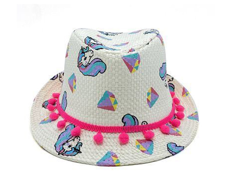 Girls Unicorn Diamond Printing Neon Print Balls Band Strawt Hat Fedora