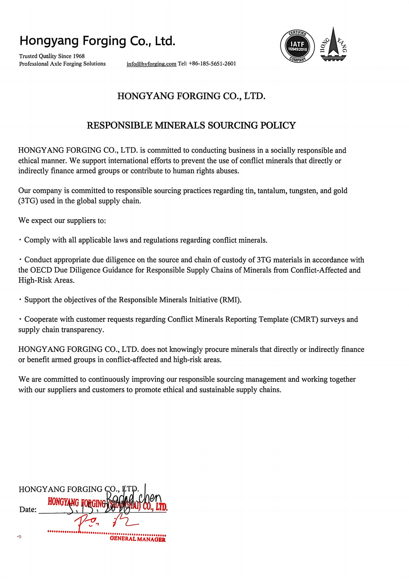 RESPONSIBLE MINERALS SOURCING POLICY